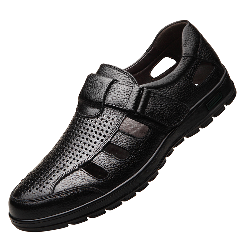 EGCHI Men's Sandals, Hollow-Out Slip-On, Top-Grain Leather, Velcro Casual Leather Sandals, J8838, Black, Size 39