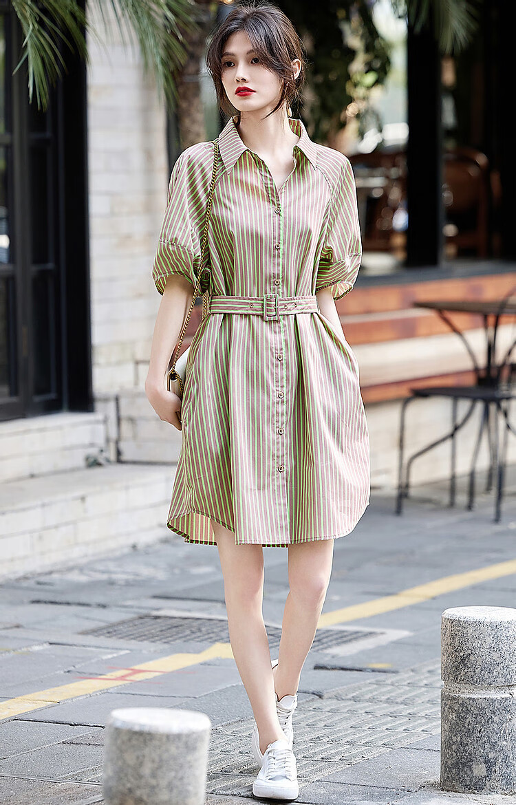 Dme [Tiansitongqin Piece] Summer French Simple Style Ceiling Lyocell Shirt Dress, Striped Waist Belt Dress 10