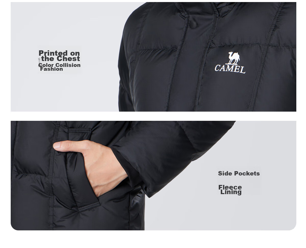 CAMEL Huoyanshan 656 down Jacket for Men, Winter Hooded Thick Warm Couple's Puffer Windproof Coat M34CA6B656 46