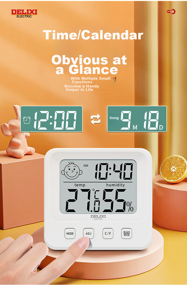 DELIXI ELECTRIC Temperature And Humidity Meter, Baby Room Thermometer, Wall-Mounted And Stand-Up Dual-Use Electronic High-Precision Wall-Mounted Indoor Home Alarm Clock 6