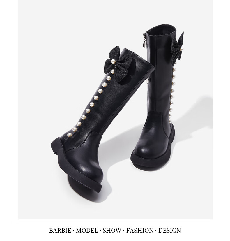Barbie Children's Shoes, Girls' Autumn And Winter Tall Boots, Big Kids' Knight Boots, Versatile High-Top Boots, Fleece-Lined DA5639 Black Size 28 16