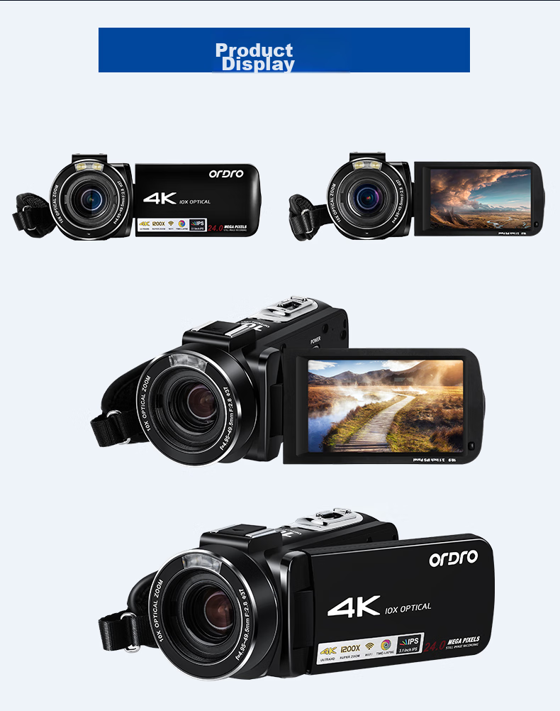 ORDRO AC7 4K HD Camera Professional Live Streaming Camera Digital DV Recorder, 10x Optical Zoom Vlog Short Video Home Travel Conference All-In Recording Device 18