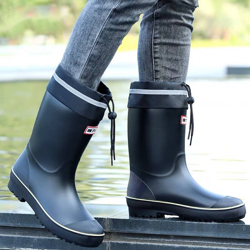 Huili Men's Stylish Rain Boots, Waterproof Car Wash Shoes, Durable Fishing Rubber Shoes, Black Drawstring, Size 41, Model 89