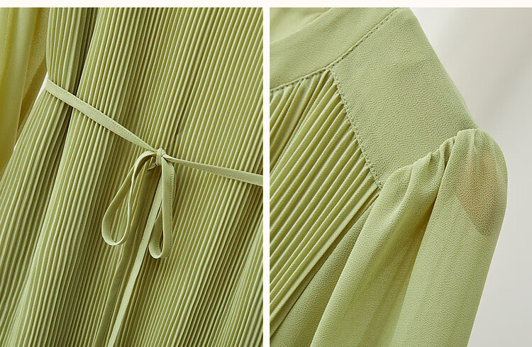 Dme [Waving Sleeve to Capture Fairy Dust] Spring And Autumn Round Neck Pleated Puff Sleeve Waist-Cinching Tie A-Line Dress for Women, Mid-Length Style 12