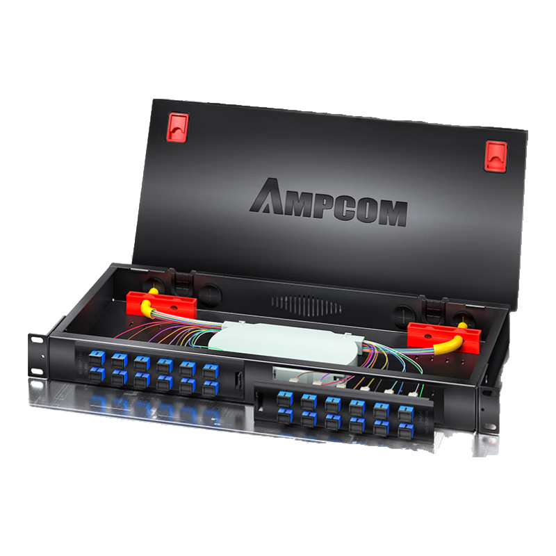 AMPCOM Fiber Optic Terminal Box 24-Core Fully Loaded SC Ribbon Pigtail Flange Adapter Single-Mode Fiber Splicing Tray Joint Box 24-Port Screwless Installation Patch Panel AMSCS24V