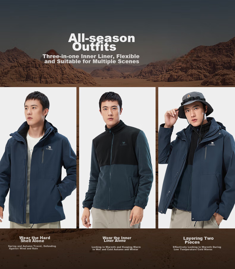 CAMEL Women's Three-Proof Windbreaker Jacket with Fleece Inner Layer, Warm Waterproof Windproof Coat 723CA6B010 S 2