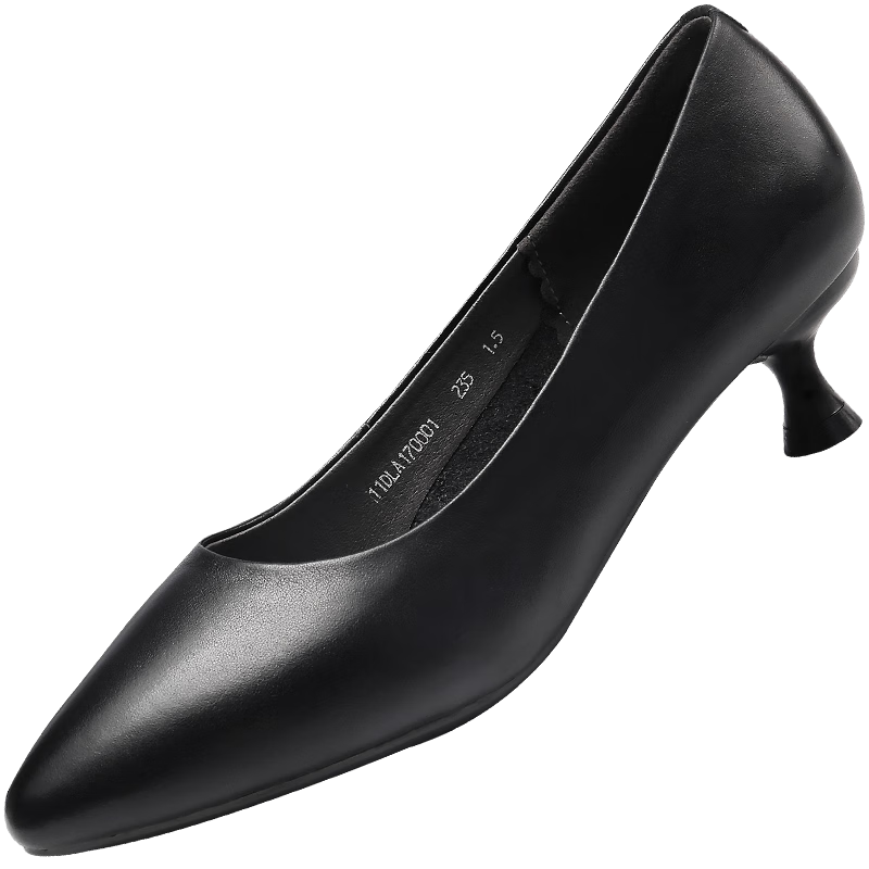 Qiangren Pointed Toe Women's Flats, Shallow Mouth Mid-Heel Breathable Leather Shoes, 4CM Work High Heels, JDLA170001, Black, Size 36