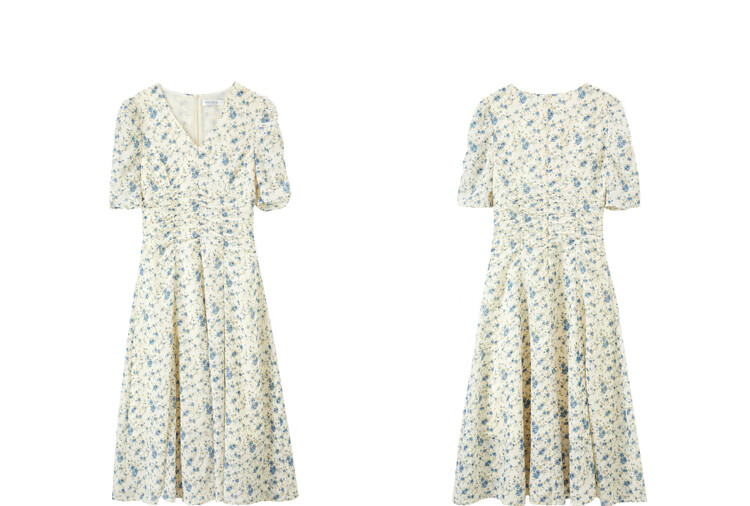 Sentubila Summer French Floral Print Dress, Puff Sleeve Tea Break Dress, Elegant Goddess Style Skirt, Apricot Base with Blue Flowers, M Size 19