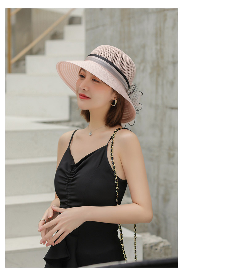 GLO-STORY Organza Women's Sun Protection Hat Lace Pearl Elegant Breathable Straw Top Fisherman Hat for Outings 16