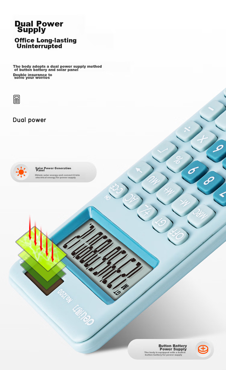 Deli Dual Power Portable Stylish Calculator, Slim Body with Silicone Buttons, Cute Desktop Calculator for Children And Students in Fourth Grade, Learning Supplies, Light Blue 1200 7