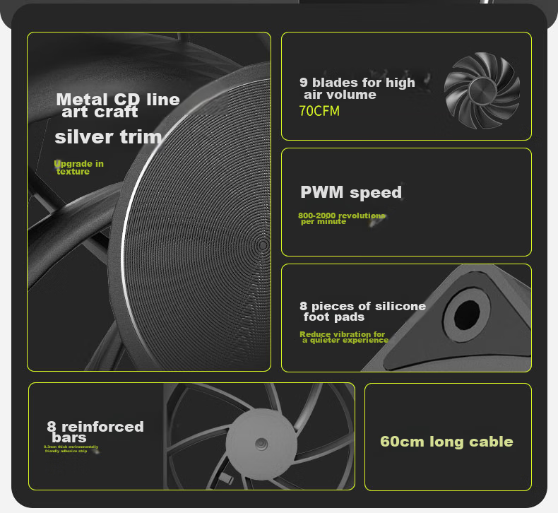 Great Wall Archimedes X120 Performance Edition 12CM Fan (70CFM High Airflow, Aluminum CD Pattern, 2000 RPM, PWM, Silicone Pad, 60CM Long Cable) 3