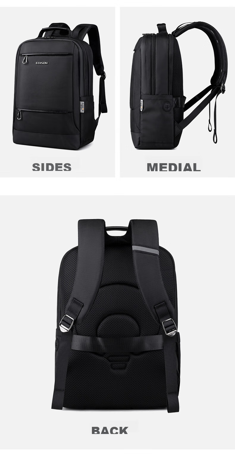 Edison Men's Backpack Business Commute Laptop Bag Large Capacity Water-Resistant Backpack E011-1 Black 15