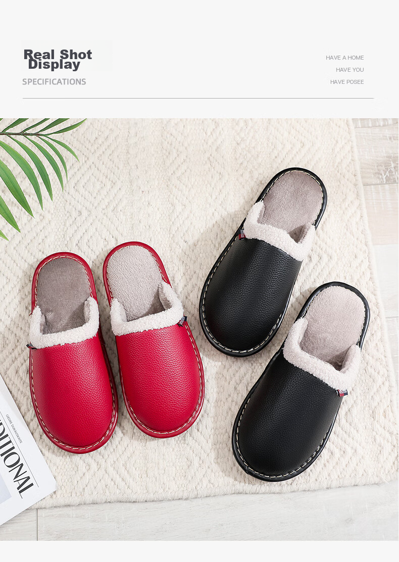 GUOLUOFEI Waterproof PU Leather Cotton Slippers for Men And Women, Winter Outdoor Wear Non-Slip Indoor Maternity Shoes Home Cotton Shoes, Black, Size 44/45 9