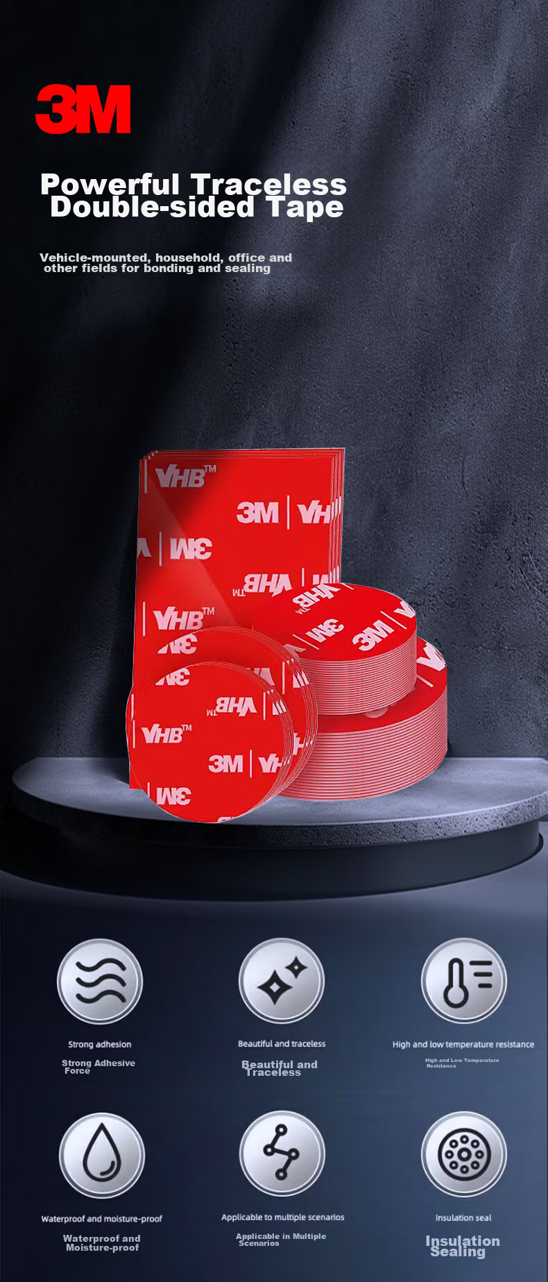 3M Strong, Residue-Free Double-Sided Tape, Easy to Tear, High Adhesion, No Residue Double-Sided Tape Sticker for Car Use, 4910VHBφ30mm (5 Pieces), Transparent 2