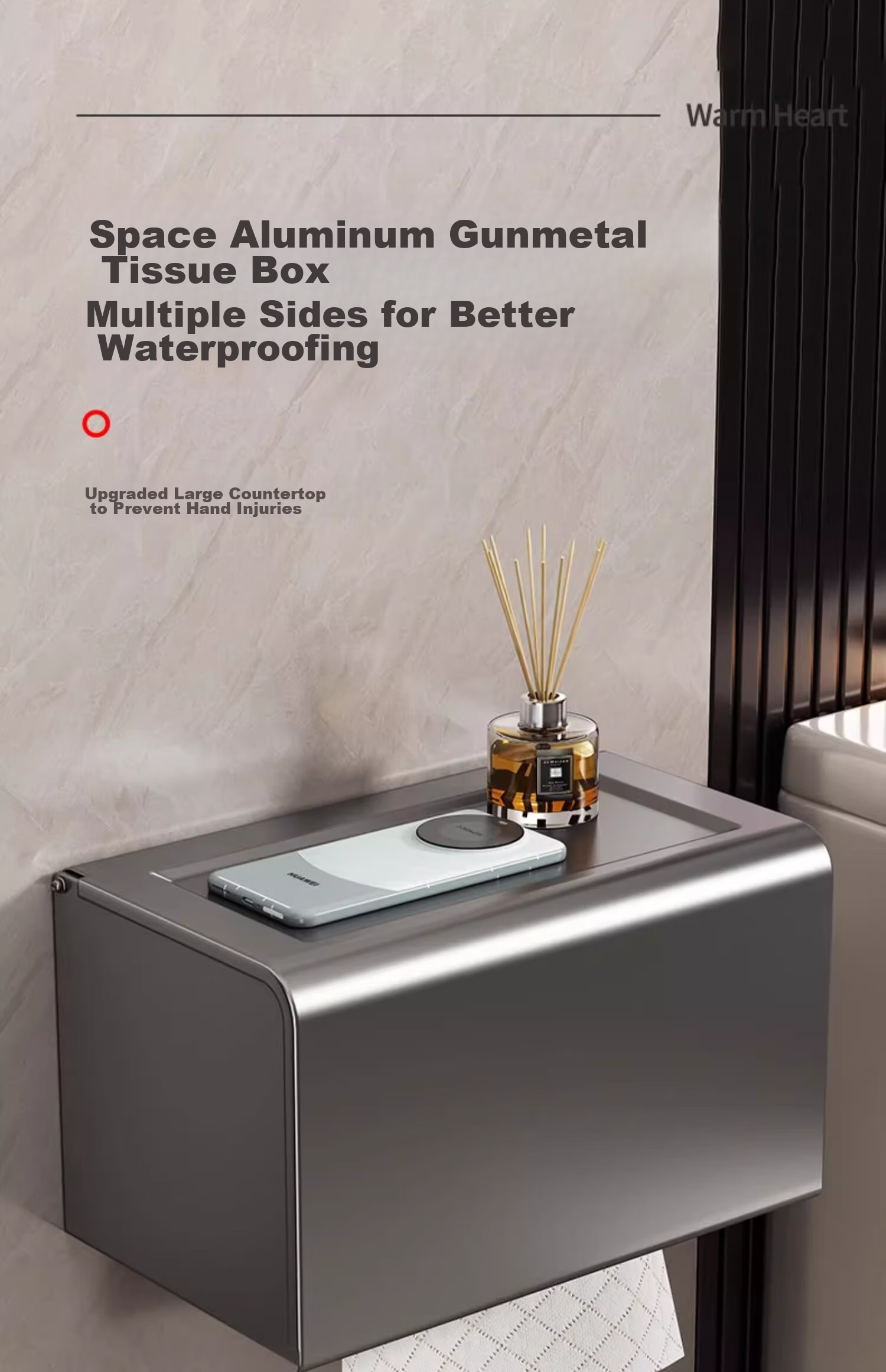 MUYA Gun Gray Bathroom Tissue Box, No Drilling Required, Waterproof Space Aluminum Wall-Mounted Toilet Paper Holder 1
