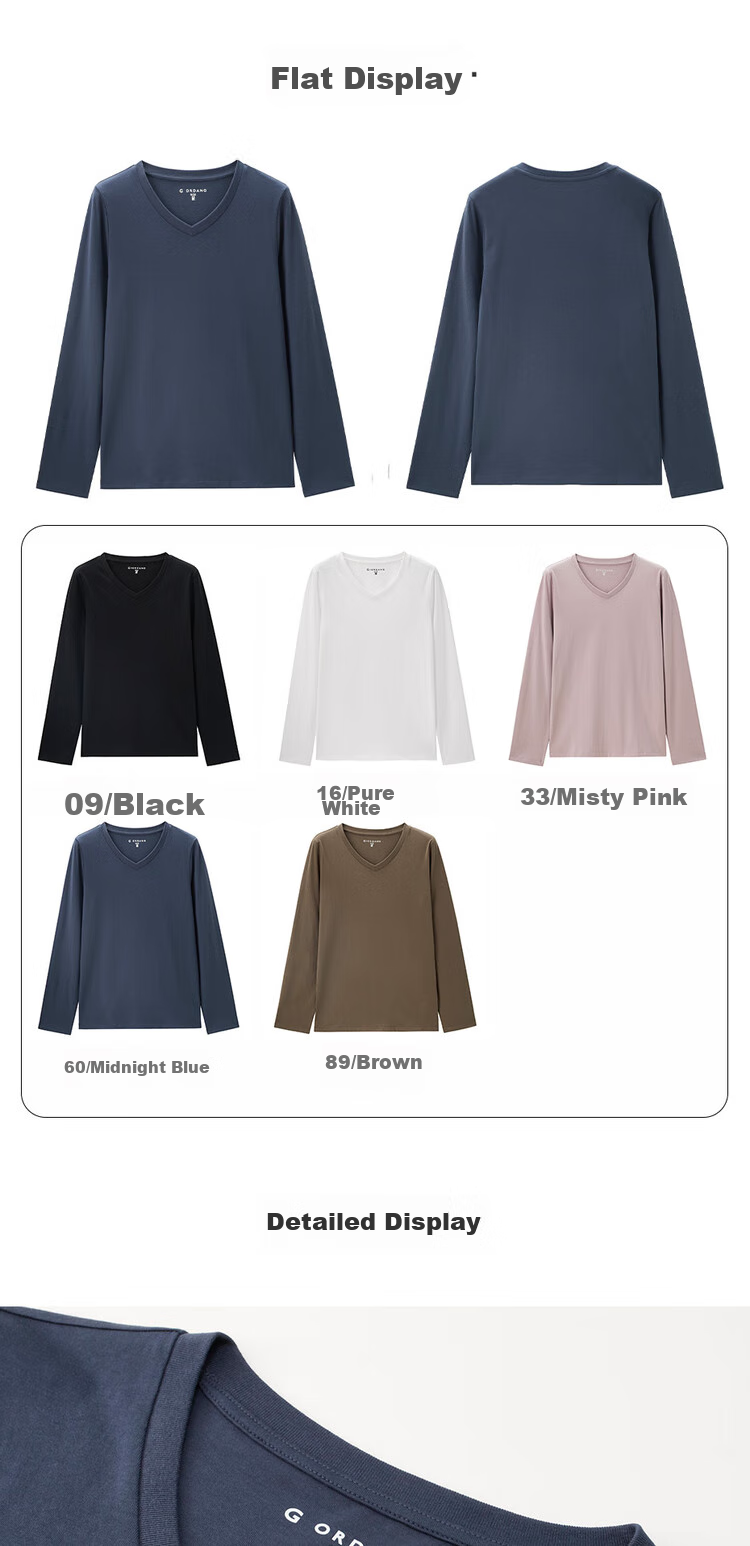Giordano Women's Basic Comfortable Undershirt, Pure Cotton Solid Color V-Neck Long Sleeve T-Shirt for Women 13322759 17
