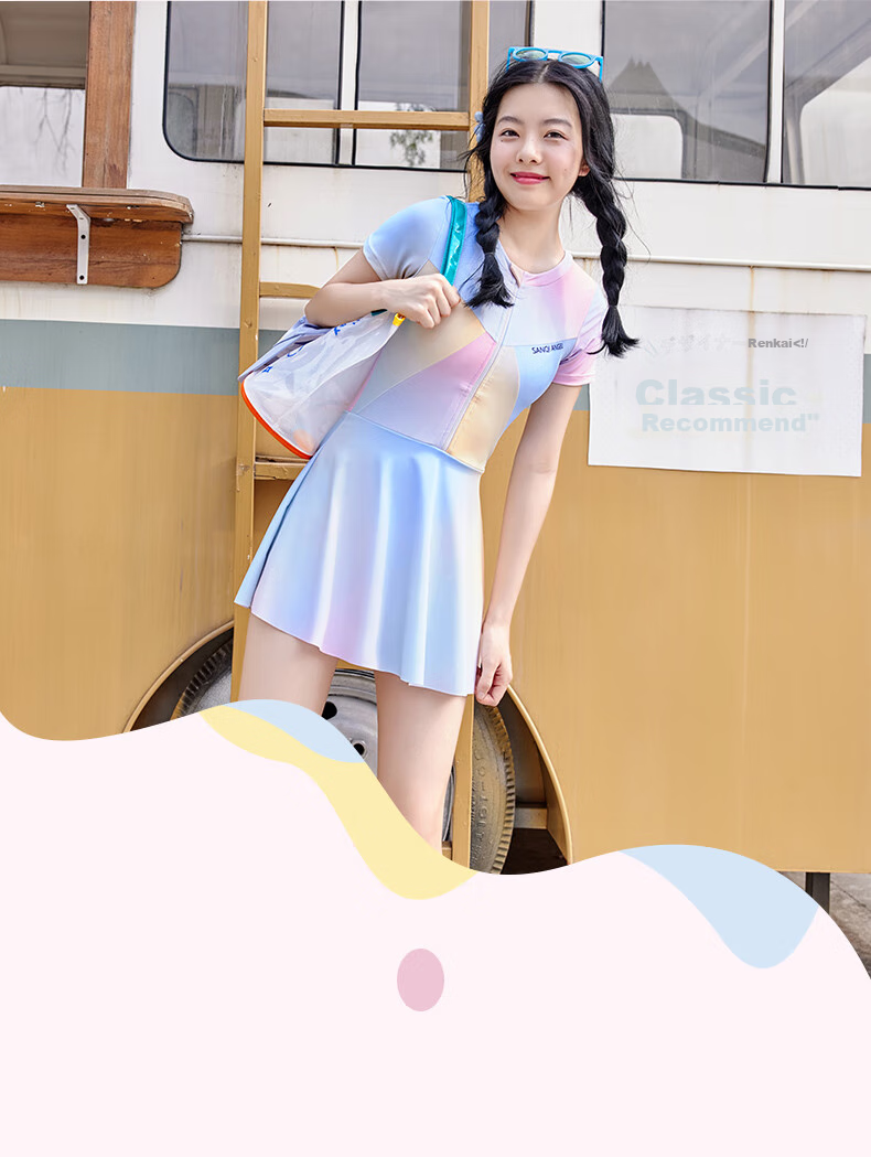 Sanqi One-Piece Swimsuit Dress for Women, Cute And Conservative New Style Swimwear for Middle School Girls, Suitable for Hot Springs And Swimming, Light Blue, Size M 10