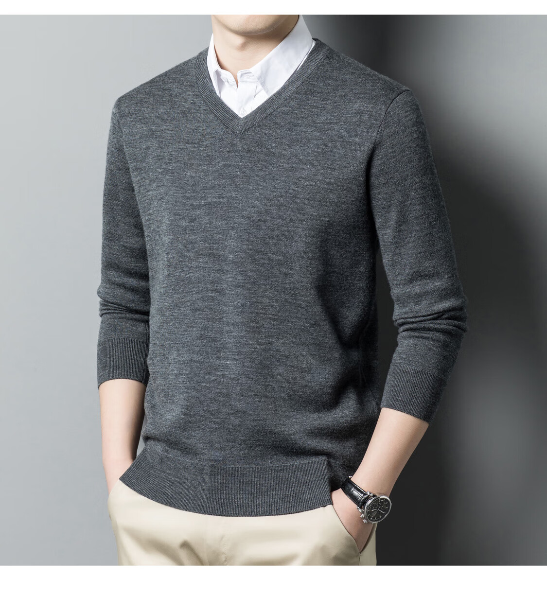 Hengyuanxiang Men's Wool Sweater Autumn Winter Thickened V-Neck Machine Washable Fine Spun Knitwear Medium Gray 175 14