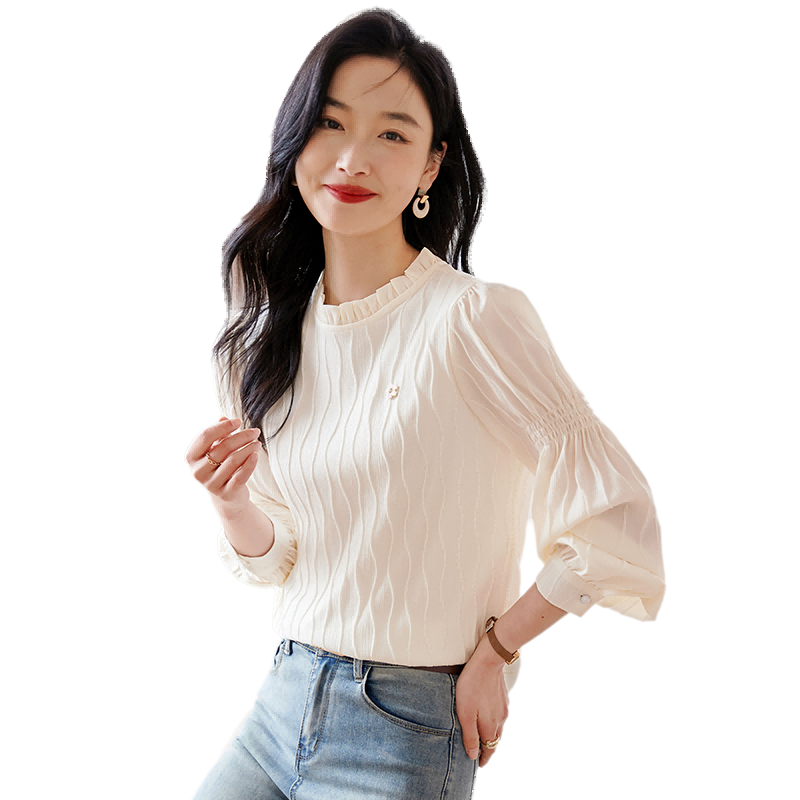 Chushen Spring And Autumn Long-Sleeve Blouse for Women, Fashionable Design with Small Stand-Up Collar, Chiffon Blouse S141C2876 Beige L
