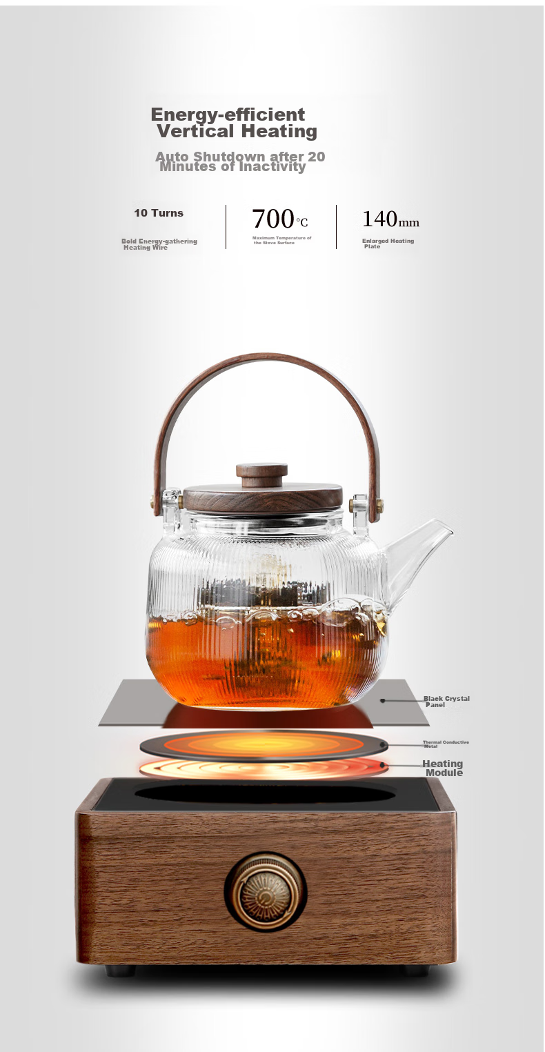 Shangyanfang Walnut Wood Electric Ceramic Stove Tea Maker, Small Office Single-Person Glass Tea Pot, Electric Water Boiler, Tea Stove Set 4