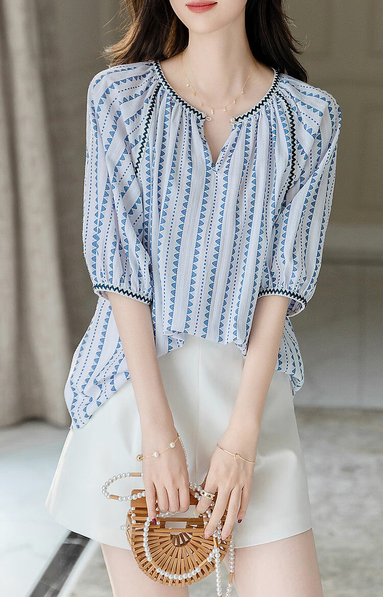Dme [Gentle Treasure OOTD] Summer French Comfortable Cotton Blend Shirt with Puff Sleeves, Slimming Blouse Women's Top 14