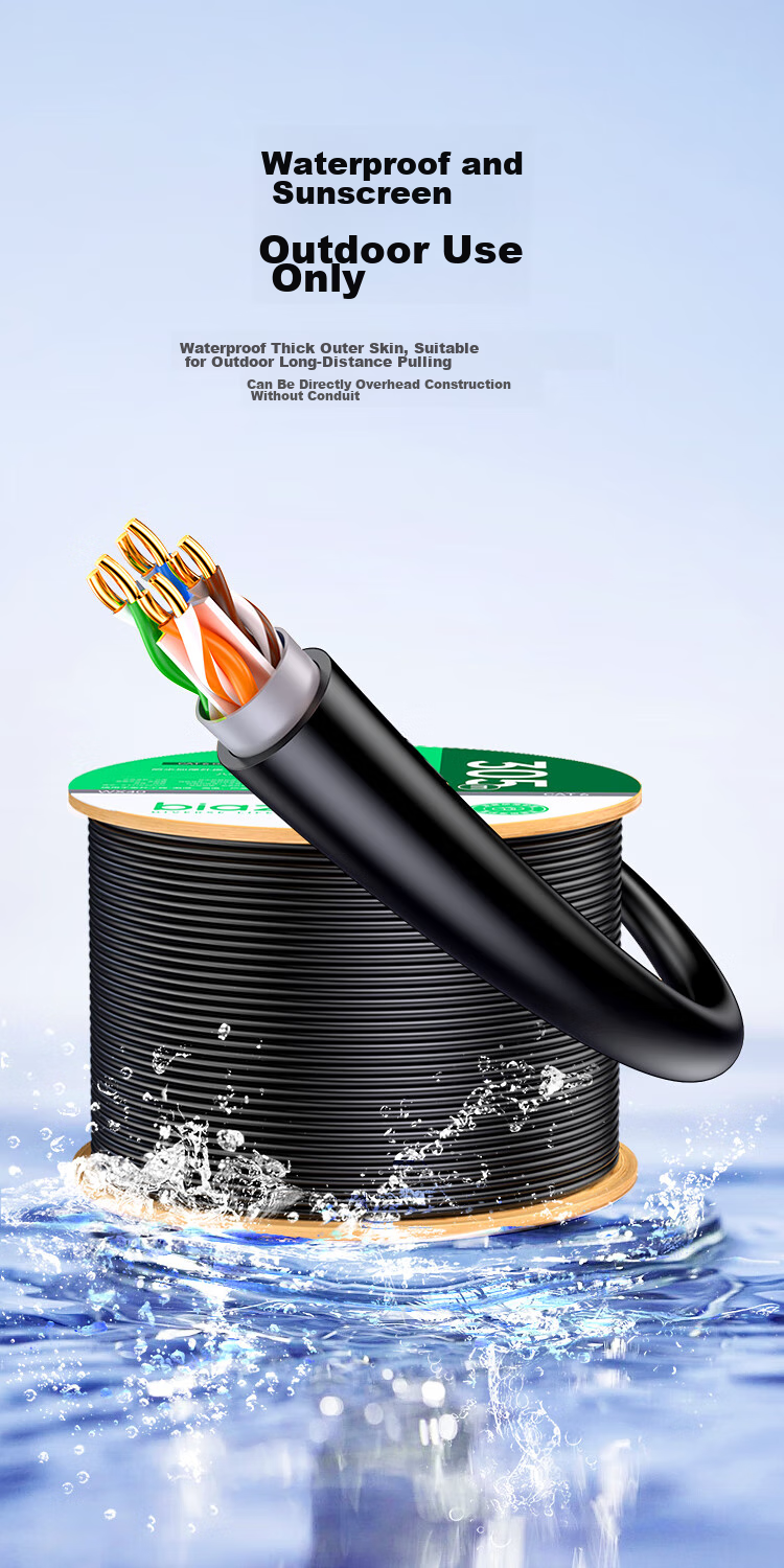 BIAZE Category 6 Gigabit Outdoor Ethernet Cable, Engineering Grade 0.57mm Unshielded Pure Copper Twisted Pair Outdoor Waterproof Sun-Resistant Frost-Proof Snowproof Wear-Resistant Anti-UV Cold-Resistant 305 Meters 13