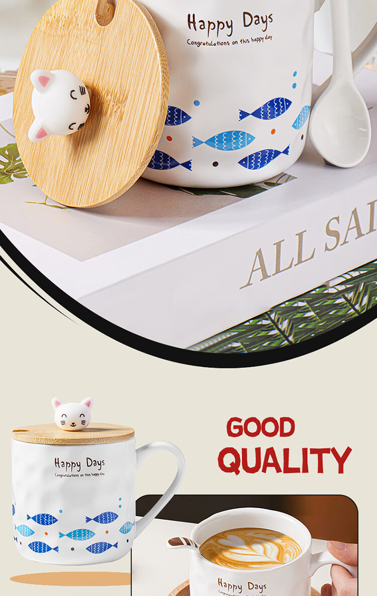 BJ White Mug, Breakfast Children's Water Cup, Ceramic Mug with Lid, Large Capacity Milk Cup, Coffee Cup, Couple's Mug 1