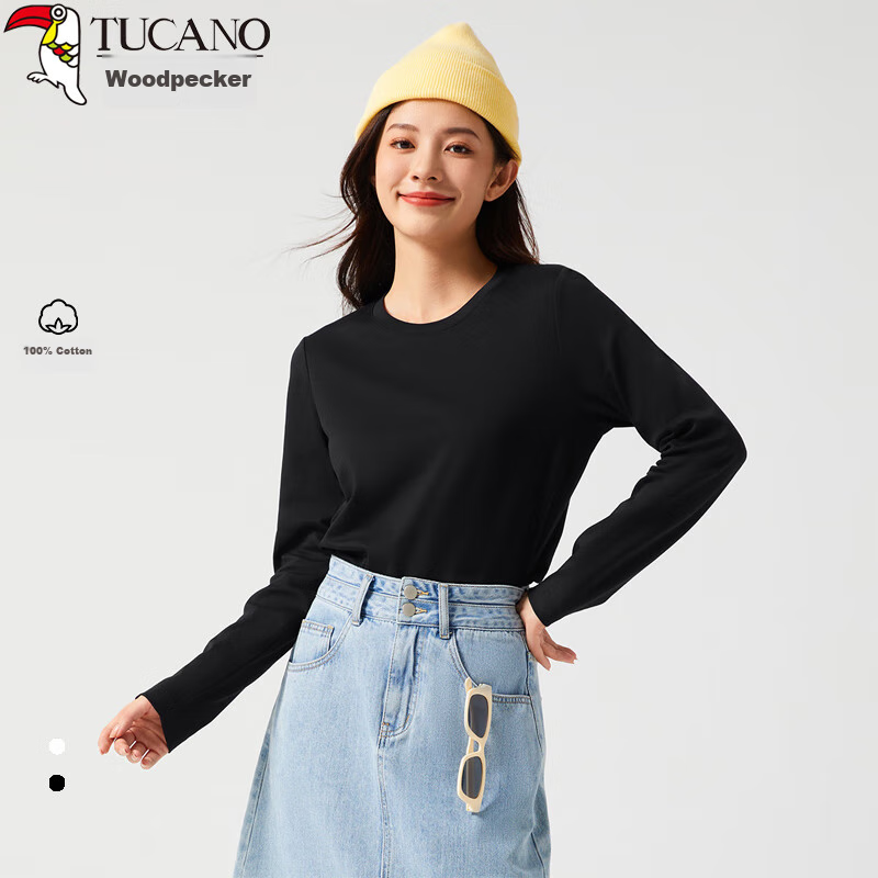 Zhuomuniao Black Pure Cotton Long-Sleeve T-Shirt for Women, Round Neck, Inner Wear, Spring And Summer, Loose Fit, Versatile, Slimming, Regular Shoulder, Base Layer Top, Black, 2XL