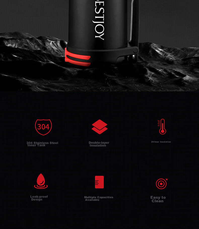 FUGURNG BESTJOY Insulated Bottle Large Capacity 304 Stainless Steel Thermos for Men, Car And Outdoor Portable Travel Bottle 2.2L Black 2