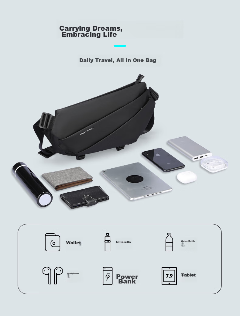 MARK RYDEN Shoulder Bag, Sports Large Capacity Crossbody Bag, Motorcycle Chest Pack, Trendy Multifunctional Messenger Bag for Men, MR6108 Elegant Black 6