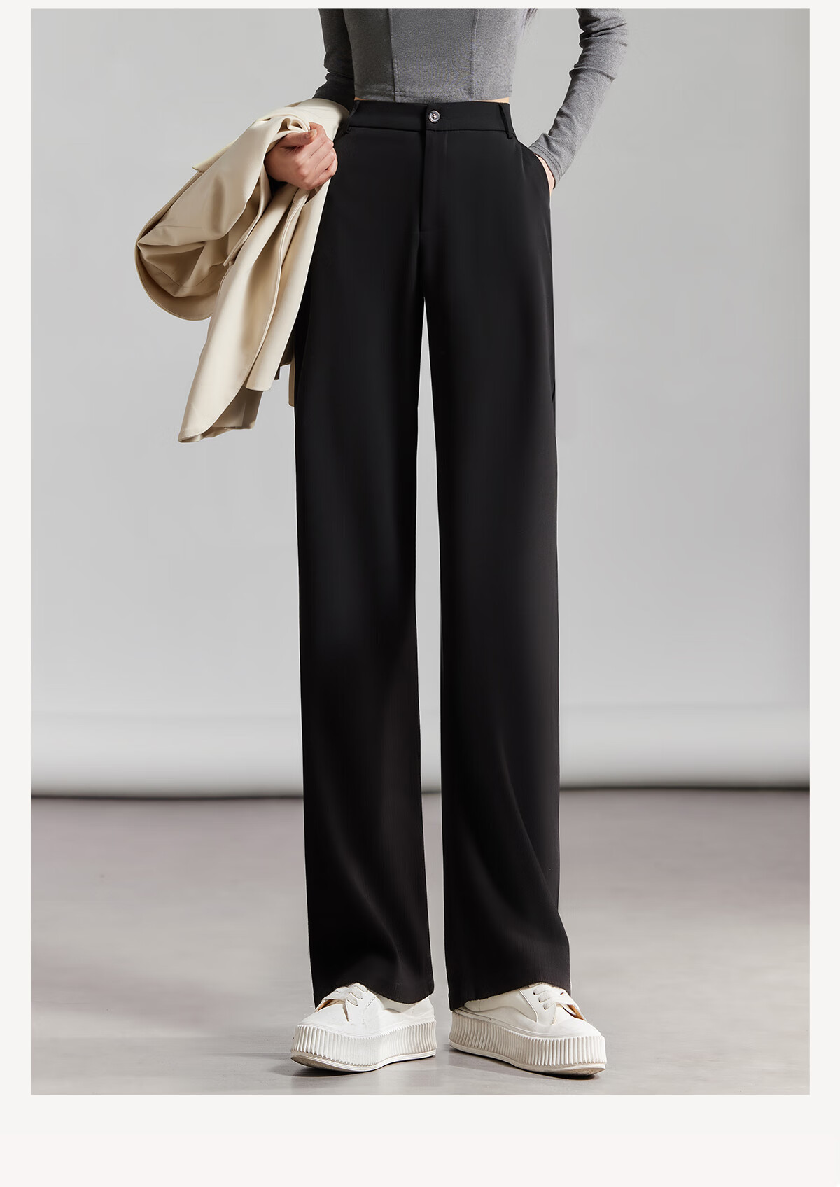 Chushen Women's High-Waisted Wide-Leg Pants with Draping Effect, Slimming Black Casual Trousers S137K5866 Size L 1