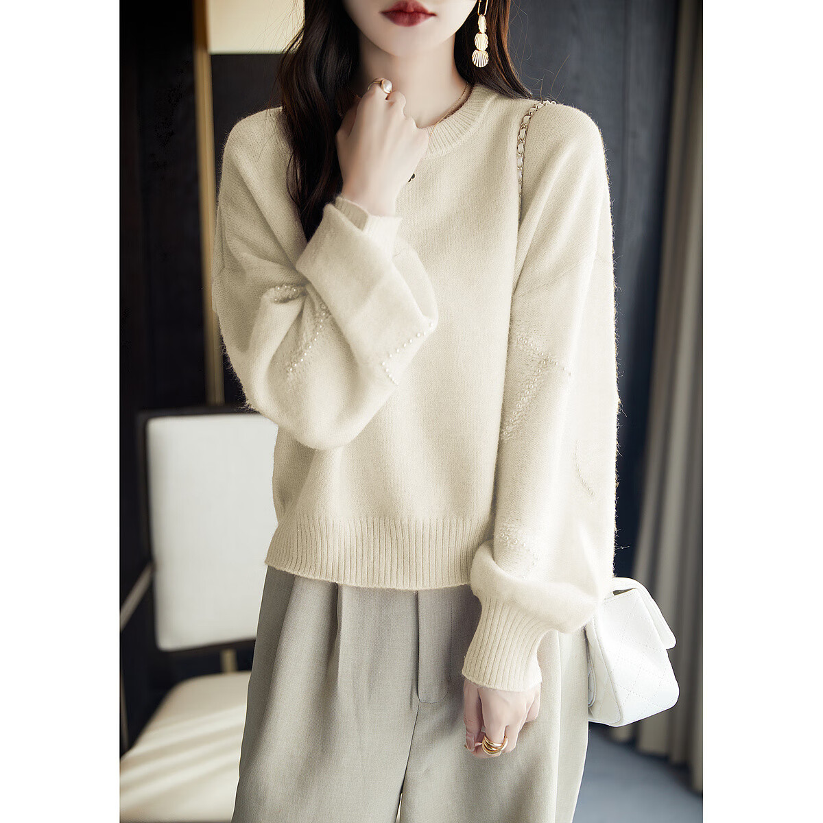 Dme Elegant Winter Round Neck Long-Sleeve Sweater with Beaded Jacquard Design, Fashionable Knit Top for Women, Off-White, Size S