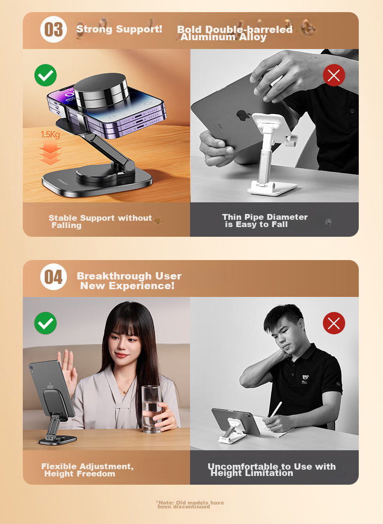Pisen Phone Stand for Desktop [Upgraded Thickened Base] Stable Non-Shaking Foldable Portable 360° Rotating Multi-Functional Stand for Bed, Lazy Viewing, Live Streaming, Reading, Binge-Watching - White 1