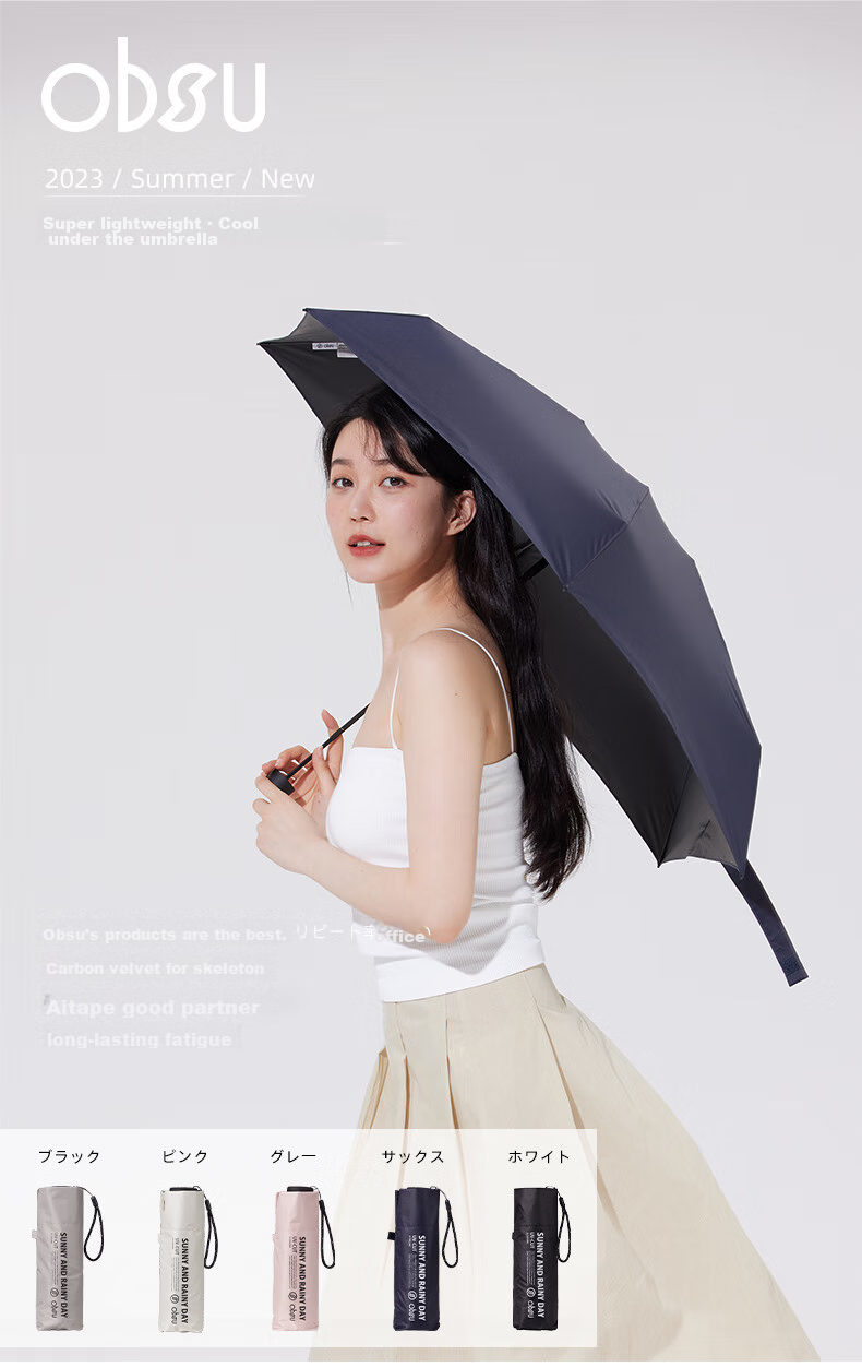 Obsu Japanese Carbon Fiber Five-Fold Sun Umbrella, UV Protection, Dual-Use for Rain And Shine, Portable, Gray, Carbon Five-Fold 1