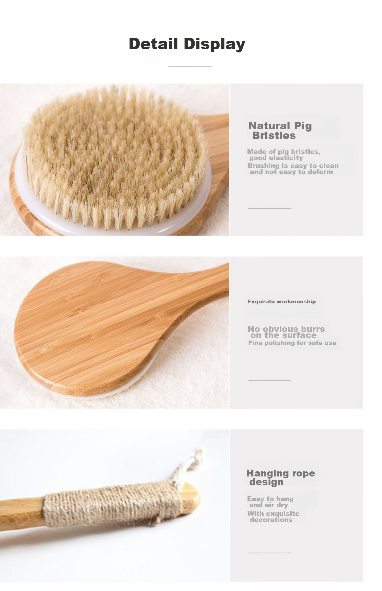 Baoshi Back Scrubber, Bath Brush, Pig Bristle Brush Head, Nanmu Bamboo Long Handle, Deep Cleaning Back Scrubbing Bristle Brush 8