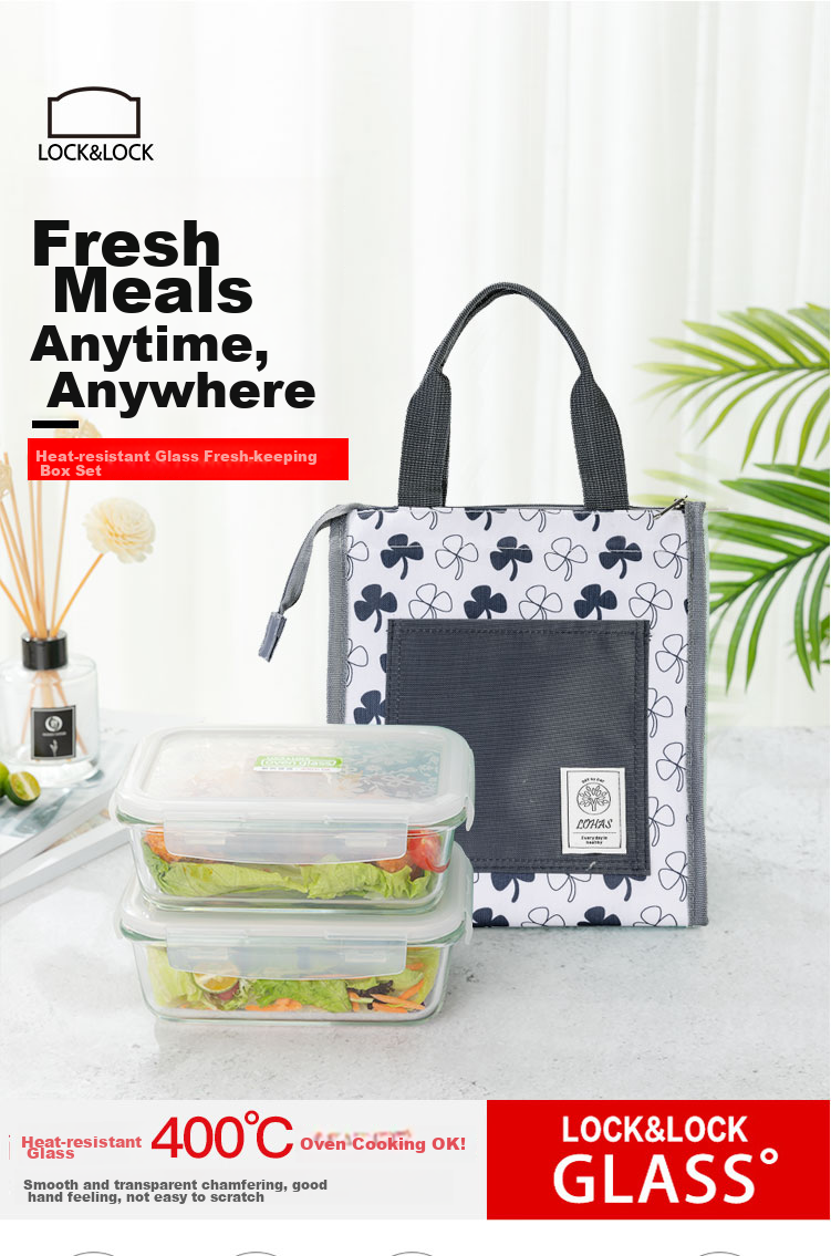 LOCK&LOCK Heat-Resistant Glass Lunch Box Set of Two, Bento Box, Meal Container, Sealed Bowl, Bento Bag, 750ml*2 1