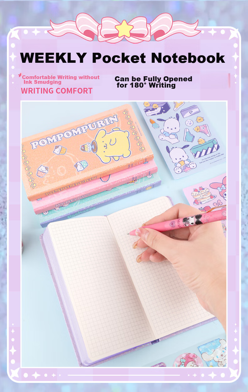 GuangBo X Sanrio Weekly Pocket Planner, Melody Stickers, Student Notebook, Compact And Portable Journal, 80*156mm, 77 Sheets, KT81376 Gift Set 5