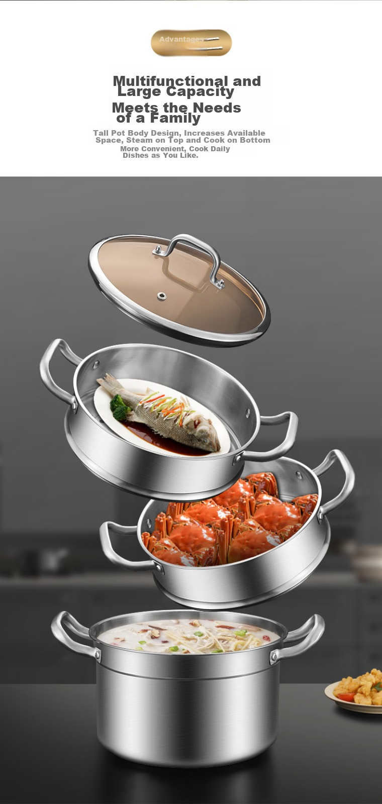 KOBACH Steamer Pot, 304 Stainless Steel European-Style Steamer Pot, Three-Layer Steamer Pot, 28cm, Compatible with Induction Cooker And Gas Stove 4