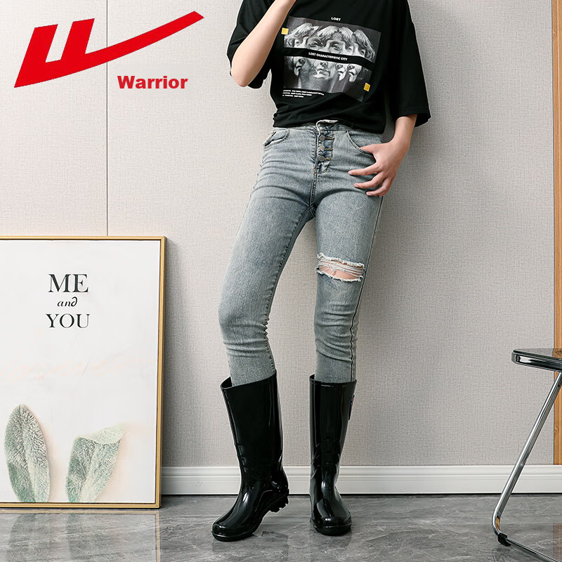 Warrior Women's Fashionable Adult Rain Boots Waterproof Shoes Rubber Shoes Overshoes Water Boots HL86S Black Tall 40