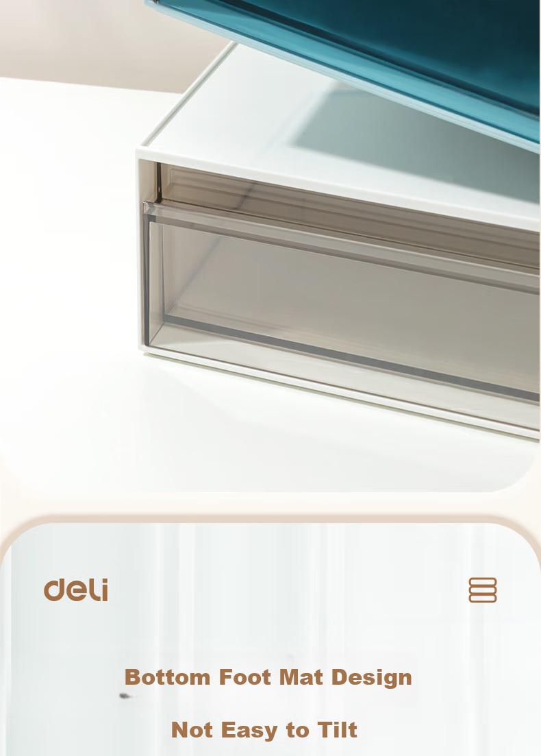 Deli Three-Compartment Desktop Storage Box with Drawer, Office Desk Organizer for Stationery And Document Sorting, Multi-Layer Storage Container, Dustproof Box, White PK106 11
