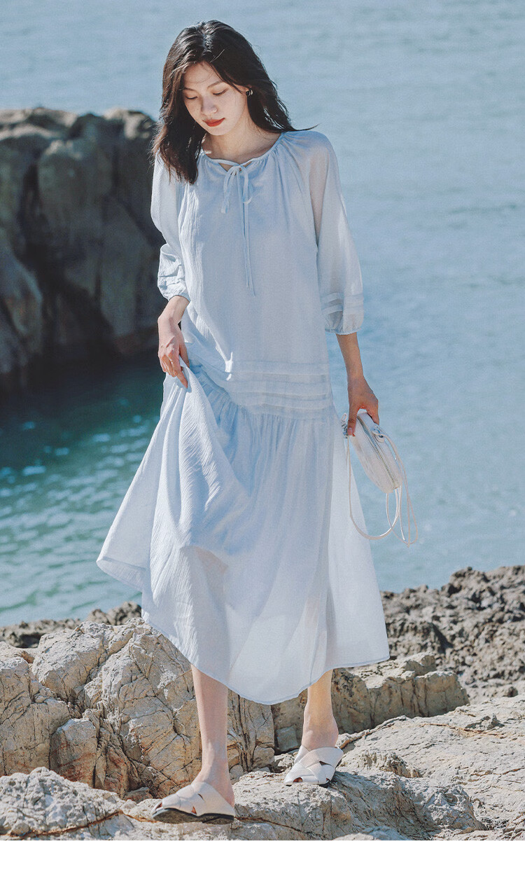 Dme First Love Style Light Blue Dress, Round Neck, Tie-Up Collar, Fairy-Like Long Sleeve Dress for Women, Light Blue, M 5