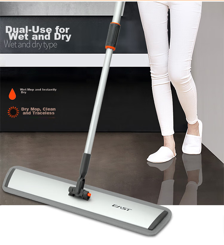 EAST Flat Mop, 60cm Aluminum Alloy Handle, 1.48cm Thick, 2 Cloths Included, Household All-In Mop, Lightweight Dust Push And Floor Cleaning Mop 4