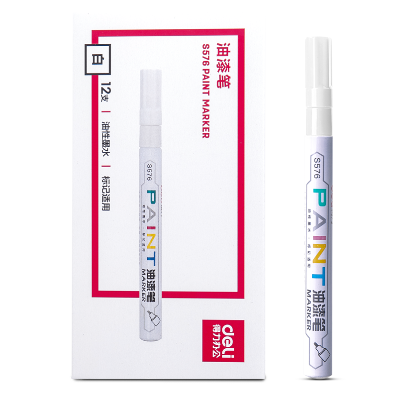 Deli 1.5mm Fine-Tip Tire Repair Paint Marker Pen Highlighter Signature Pen Sketching Graffiti Pen for Qingming Tomb-Sweeping Day, Stone Inscription, Waterproof, 12 Pcs S576 White