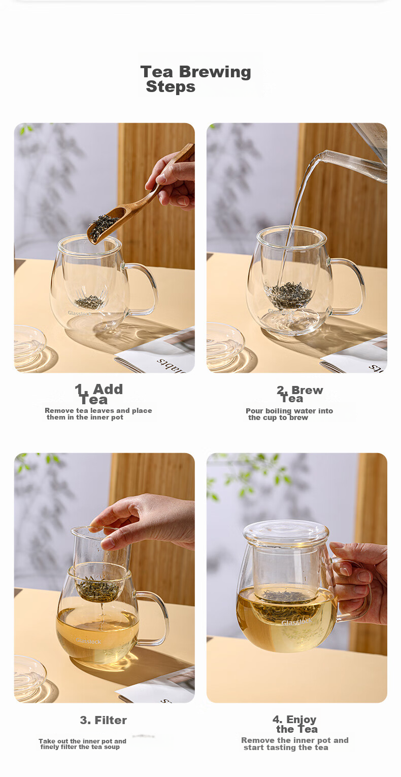 GLASSLOCK Glass Tea Cup, Heat-Resistant Children's Water Bottle, Tea-Water Separation Filter Cup, Home Use, for Men And Women, Tea Infuser Cup, 350ml 7