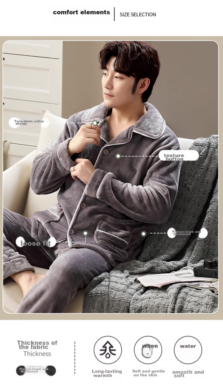 LangSha Men's Pajamas, Winter Flannel Lined Thickened Wearable Loungewear, Two-Piece Set, Warm Outfit 15