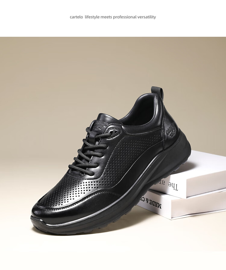 CARTELO Genuine Leather Men's Shoes, Business Casual Sports New Style for Autumn And Winter, Soft Thick-Soled Versatile Commuter Work High-End Black 20