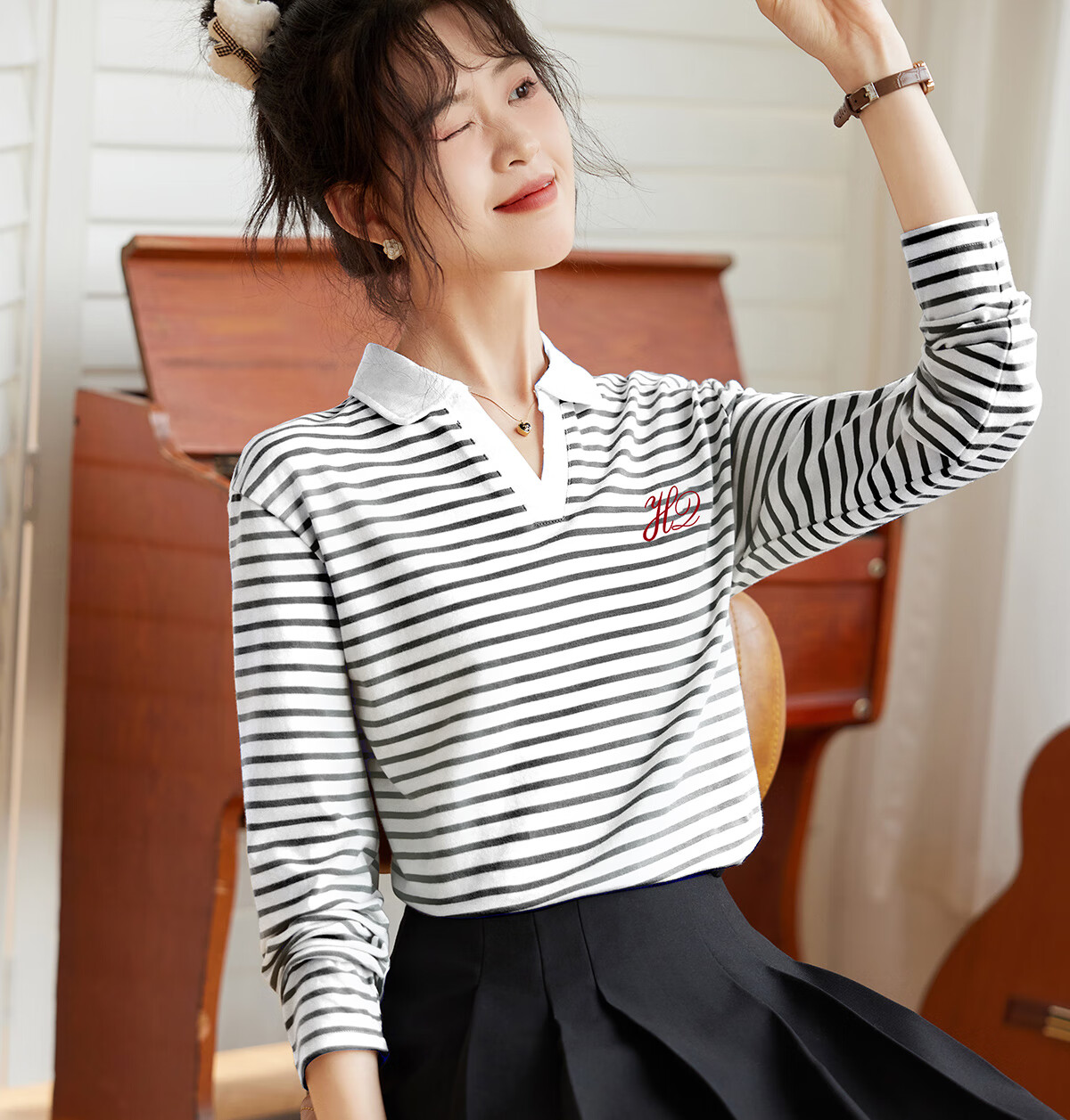Halo Queen Long-Sleeve T-Shirt for Women, Spring And Autumn Round Neck, Heart Embroidery Striped Base Shirt, Casual Fashion Top, New Product H143T2005 66