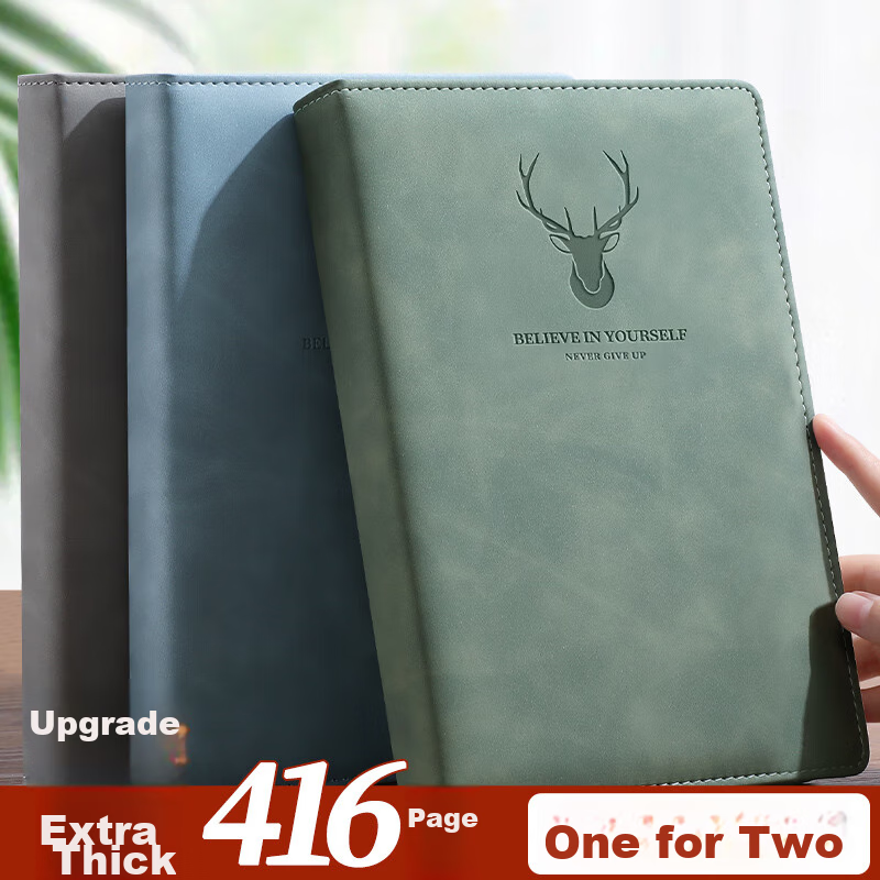 Jiaranheng A4 Large Notebook, Extra Thick, High-Quality Leather Cover, Customizable, Simple Business Office Meeting Record Book, Work Diary Journal, Matcha Gree