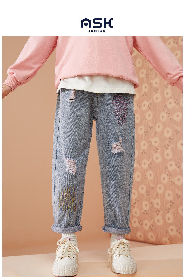 ASK JUNIOR Children's Clothing, Girls' Pants, 2026 Autumn Denim Jeans, Youth Sweet Cool Casual Trousers, Blue, Size 150 1