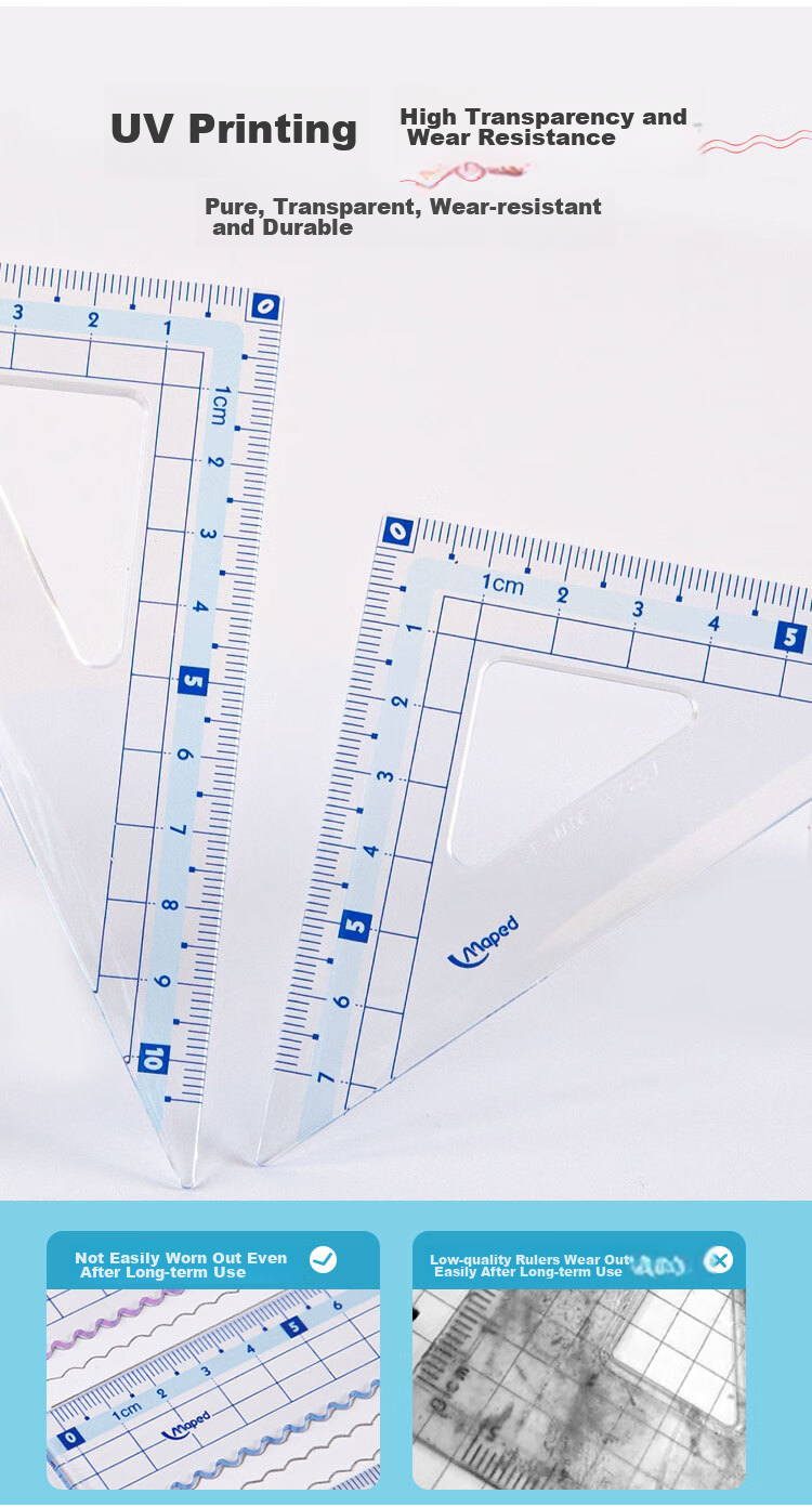 Maped Colorful Multifunctional Ruler Set, 15cm Wave Straight Ruler, 45° Triangle Ruler, 60° Triangle Ruler, 180° Protractor, Study And Exam Ruler Set, Blue, Elementary School Supplies for Back to School 5